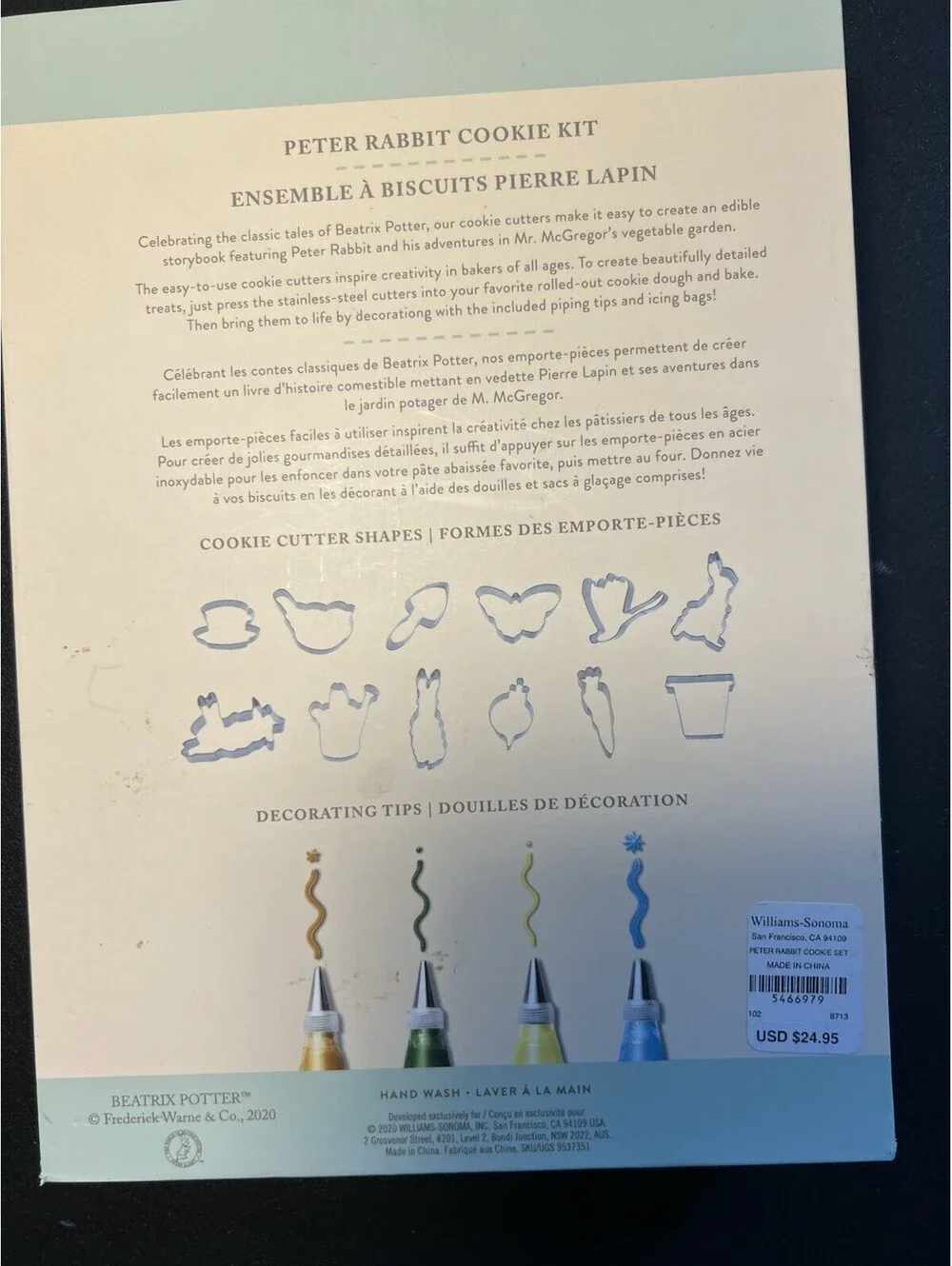 NIB Williams Sonoma 2020 Peter Rabbit Cookie Baking Kit 27 Piece Set, 7.5x10”